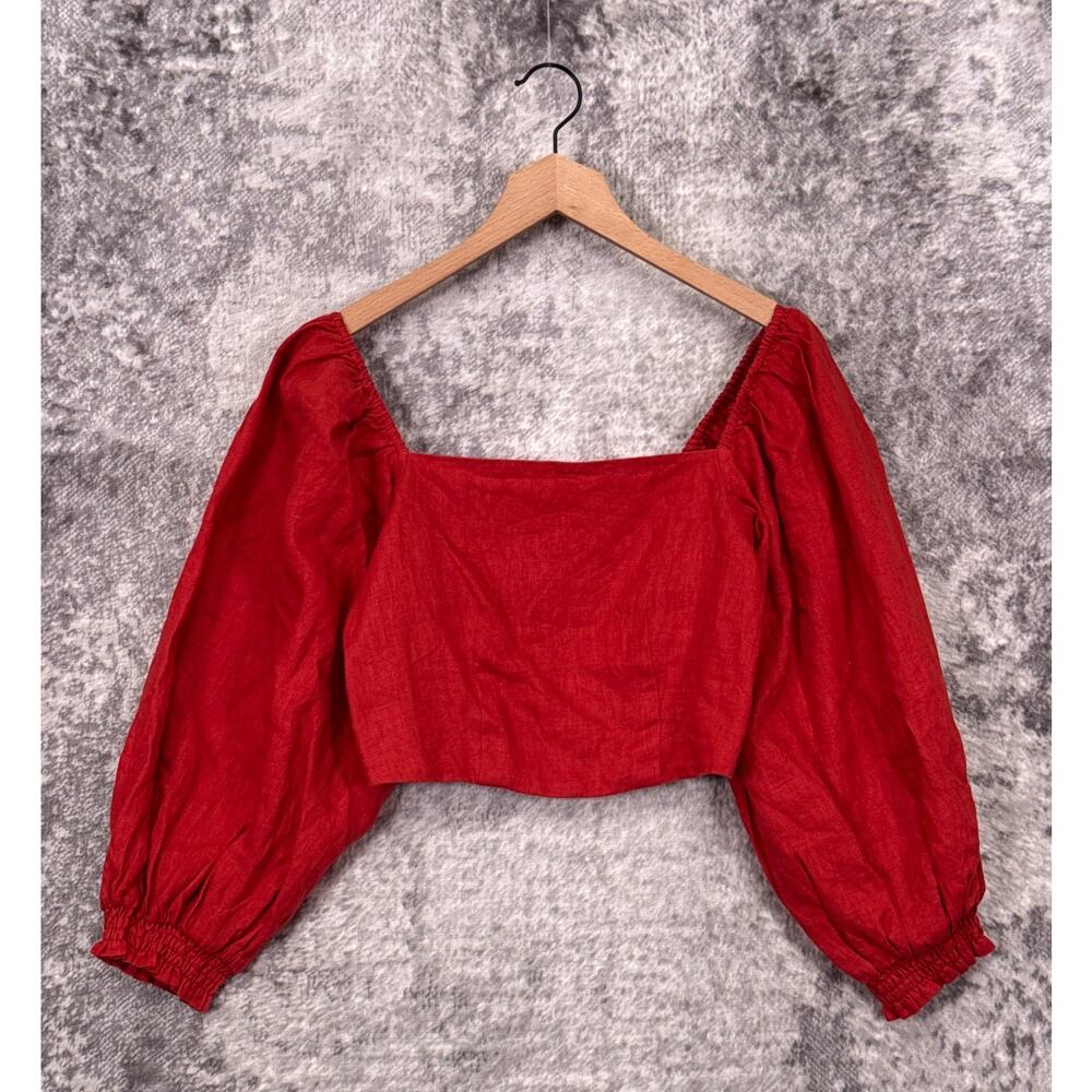 New Posse Linen Top Small Womens Red Smocked Long Sleeve Crop